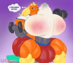 absurd_res anthro autotitfuck balls big_balls big_breasts big_muscles big_penis blaziken blonde_hair bodily_fluids breast_play breasts clothing dialogue dumbbell english_text erection erection_under_clothing generation_3_pokemon genital_fluids genitals green_eyes gynomorph hair hi_res huge_balls huge_breasts huge_penis hyper hyper_balls hyper_genitalia hyper_penis intersex masturbation multicolored_body muscular muscular_anthro muscular_gynomorph muscular_intersex nintendo nipples orange_body penile penile_masturbation penis pink_nipples pokemon pokemon_(species) precum purple_background shannonrat simple_background sitting solo sweat text thought_bubble weights yellow_body