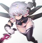  ass_visible_through_thighs bandaged_arm bandages bare_shoulders black_legwear dagger dual_wielding fate/apocrypha fate/grand_order fate_(series) fighting_stance green_eyes holding jack_the_ripper_(fate/apocrypha) leaning_forward navel panties scar scar_across_eye serious shirabi short_hair silver_hair solo tattoo thighhighs thighs underwear weapon white_background white_hair 