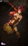  1girl bare_shoulders cosplay high_heel_boots highres holding holding_weapon long_hair photo pyrrha_nikos red_hair rwby shield sword weapon 