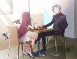  1boy 1girl ^_^ ahoge artist_name black_pants black_shoes blue_ribbon burger chair closed_eyes collared_shirt comb_over commentary crossed_legs cup dated demon_girl demon_horns demon_tail demon_wings disposable_cup dress dress_shoes eating elbow_on_table facing_another facing_away food french_fries frilled_dress frills full_body fuwa_minato fuwa_minato_(2nd_costume) grey_hair grey_vest hand_in_pocket hand_on_table holding holding_burger holding_food horns indoors jacket lapel_pin lapels long_hair long_sleeves mary_janes momose_(oqo) multicolored_hair necktie nijisanji notched_lapels open_clothes open_jacket pants pinstripe_pattern pinstripe_vest purple_jacket purple_necktie purple_shirt purple_streaks red_hair restaurant ribbon shirt shoes short_dress short_hair sitting sleeveless sleeveless_dress smile streaked_hair table tail tail_ornament tail_ribbon two_side_up untranslatable_commentary very_long_hair vest virtual_youtuber white_dress white_shoes window wings yuzuki_roa yuzuki_roa_(3rd_costume) 