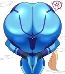 1girl amen_pose_(meme) anger_vein ass ass_focus blonde_hair blue_bodysuit bodysuit from_behind frontbend highres huge_ass long_hair meme metroid ponytail ruikun222 samus_aran solo speech_bubble spoken_anger_vein zero_suit 
