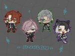  4boys :< :d animal_ear_piercing animal_ears arurandeisu black_hair chibi chibi_only ear_piercing earrings facepaint glasses green_eyes green_outline grey_background grey_hair group_name hair_over_one_eye half_updo hanasaki_miyabi highres holostars jackal_boy jackal_ears jackal_tail jewelry kageyama_shien male_focus monorinnn multicolored_hair multiple_boys one_eye_closed outline piercing pink_hair pink_outline purple_outline red_hair red_outline rikka_(holostars) short_hair smile sparkle streaked_hair tail unplan_(holostars) v virtual_youtuber white_hair white_streaks yellow_eyes 