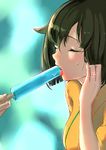  brown_hair closed_eyes food hair_between_eyes hair_tucking hands hiryuu_(kantai_collection) japanese_clothes jewelry kantai_collection kimono open_mouth orange_kimono poco_(backboa) popsicle ring sexually_suggestive short_hair signature solo sweat tongue tongue_out wedding_band 