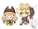  ...? 3girls :d :o ^_^ alternate_hairstyle animal_hat arm_up bandana bandana_around_arm bandana_around_neck beanie black_bandana black_gloves black_hat black_sleeves blonde_hair blunt_bangs blush bow bow-shaped_hair braid braided_hair_rings brown_hair chinese_clothes closed_eyes commentary_request cross-laced_clothes cross-laced_sleeves detached_sleeves double-parted_bangs fingerless_gloves genshin_impact glasses gloves goggles goggles_on_head gradient_sleeves green_jacket grey_hair hair_bun hair_rings hairstyle_switch hands_up hat highres jacket jahoda_(genshin_impact) leotard long_sleeves madame_ping_(genshin_impact) medium_hair multiple_girls old old_woman oooma_155 open_mouth pink-tinted_eyewear red_bandana red_bow short_eyebrows sidelocks simple_background single_hair_bun smile star-shaped_pupils star_(symbol) sweatdrop symbol-shaped_pupils thumbs_up tinted_eyewear translation_request upper_body white_background white_leotard yaoyao_(genshin_impact) yellow_eyes 