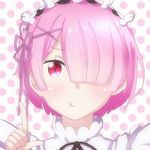  1girl blush bust closed_mouth female one_eye_covered pink_eyes pink_hair pouting ram_(re:zero) re:zero_kara_hajimeru_isekai_seikatsu short_hair solo spotted 