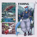 anthro aquatic backpack belt belt_buckle belt_pouch big_pants blue_clothing blue_jacket blue_topwear blurples_(expand-blurples) bottomwear brionne buckle clothing collage_(artwork) cutthroat_trout english_text evergreen_tree eyewear fish fishing_line fishing_lure fishing_net fishing_rod flower footwear generation_7_pokemon glasses grayling grey_bottomwear grey_clothing grey_pants hands_on_waist hat headgear headwear hi_res holding_fishing_rod holding_object hook jacket lake lily_(flower) lily_pad long_sleeves_hood male mixed_media mountain net nintendo orange_clothing orange_shirt orange_topwear pale_chub pants photo_background photography_(artwork) pine_tree plant pliers pokemon pokemon_(species) river salmonid_(fish) scientific_name shirt shoes skinny_male sneakers socks solo text tools topwear tree trout water wearing_glasses