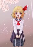  1girl ascot bag black_sailor_collar black_skirt blonde_hair commentary_request contemporary fang hair_ribbon highres holding holding_bag long_sleeves medium_hair mist9801km outdoors red_ascot red_eyes red_ribbon ribbon rumia sailor_collar school_bag school_uniform serafuku shirt skirt solo touhou white_shirt 