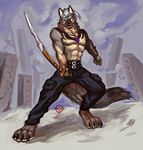  2017 abs anthro biceps byowt canine clothed clothing dog fur hair male mammal melee_weapon muscular muscular_male necktie pants pecs scar solo standing sword topless weapon yellow_eyes 