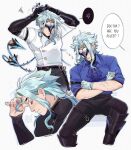  anger_vein arms_up ascot belt black_belt black_gloves black_mask black_pants black_shirt blue_hair blue_shirt closed_mouth collared_shirt commentary covered_eyes crossed_arms dottore_(genshin_impact) elbow_gloves english_commentary english_text frown genshin_impact gloves highres invisible_chair mask multiple_scars pants parted_hair rorokonaa scar scar_on_arm shirt shirt_tucked_in simple_background sitting sleeping speech_bubble spoken_anger_vein squiggle thigh_belt thigh_strap tying_hair white_background white_gloves wing_collar zzz 