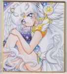  1girl bare_arms bare_legs bishoujo_senshi_sailor_moon bishoujo_senshi_sailor_moon_stars blue_eyes blush brooch chikoto_(kztc4472) choker commentary double_bun earrings facial_mark feathered_wings feathers forehead_mark from_side hair_bun hair_ornament heart_hair_bun highres jewelry leaning_forward leotard long_hair looking_at_viewer looking_to_the_side magical_girl night outdoors own_hands_together parted_bangs photo_(medium) picture_frame pleated_skirt ring sailor_collar sailor_cosmos short_sleeves sidelocks sitting skirt sky smile solo star_(sky) star_(symbol) star_brooch star_choker star_facial_mark starry_sky traditional_media triple_horizontal_stripe turning_head twintails very_long_hair waist_brooch white_choker white_feathers white_hair white_leotard white_sailor_collar white_skirt white_wings wing_brooch winged_hair_ornament winged_wand wings 