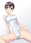  1girl absurdres black_hair blue_eyes breasts clothes_writing commentary_request competition_swimsuit covered_navel gradient_background highleg highleg_one-piece_swimsuit highres medium_breasts one-piece_swimsuit original short_hair smile solo spread_legs swimsuit takafumi tomboy translation_request variant_set white_background white_one-piece_swimsuit wide_spread_legs 