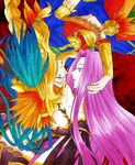  bad_id bad_pixiv_id blonde_hair breasts cleavage collarbone face-to-face face_jewel fate/grand_order fate_(series) feathers gem gold gorgon_(fate) green_eyes green_nails headdress jewelry large_breasts long_hair looking_at_another multiple_girls nail_polish purple_eyes purple_hair quetzalcoatl_(fate/grand_order) rider smile upside-down very_long_hair yoshii_udon yuri 