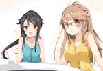  antenna_hair bespectacled black_hair braid brown_eyes brown_hair casual commentary_request dated drinking_straw glass glasses high_school_fleet long_hair looking_at_viewer multiple_girls munetani_mashiro nosa_kouko pirason ponytail red_eyes simple_background table twin_braids white_background 