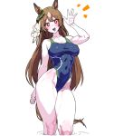  1girl :d \||/ animal_ears arm_up bare_arms bare_legs bare_shoulders blue_one-piece_swimsuit blush braid breasts bright_pupils brown_hair brown_tail cleavage collarbone commentary competition_swimsuit covered_navel covered_nipples cowboy_shot dot_nose double-parted_bangs ear_ornament english_commentary eyes_visible_through_hair green_trim groin hair_over_one_eye half_up_braid highleg highleg_one-piece_swimsuit highres horse_ears horse_girl horse_tail large_breasts long_hair looking_at_viewer multicolored_hair notice_lines one-piece_swimsuit open_mouth orange_eyes raised_eyebrows ripples satono_diamond_(umamusume) shiny_clothes simple_background skin_tight skindentation smile solo standing streaked_hair swimsuit tail teeth textless_version thick_thighs thighs toned toned_female umamusume upper_teeth_only variant_set very_long_hair wading water waving white_background yaki_apple 