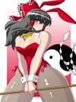  akasode_(tyaramu) animal_ears ascot black_hair blush bow breasts brown_eyes detached_collar fake_animal_ears frilled_bow frilled_hair_tubes frills gohei grey_thighhighs hair_bow hair_tubes hakurei_reimu highres holding holding_gohei large_breasts leotard long_hair looking_at_viewer nontraditional_miko orb rabbit_ears red_bow red_leotard thighhighs touhou wrist_cuffs yellow_ascot yin_yang yin_yang_orb 