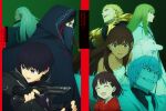  1other 3girls 4boys absurdres androgynous armor bags_under_eyes black_eyes black_hair blonde_hair blu-ray_cover brown_eyes brown_hair captain_(fate/strange_fake) commentary_request cover dark-skinned_female dark_skin earrings enkidu_(fate) fangs fate/strange_fake fate_(series) gilgamesh_(fate) green_eyes green_hair gun handgun highres holding holding_gun holding_weapon hooded_robe jacket jester_karture jewelry kuruoka_tsubaki long_hair mask mouth_mask multiple_boys multiple_girls necktie no_name_assassin_(fate) official_art open_mouth red_eyes robe shirt short_hair sigma_(fate) smile tine_chelc vampire weapon white_hair white_robe wolf_(fate) 