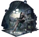  1girl 1other armor artist_request axe black_gloves black_hair black_lips black_pants black_shirt chair corpse crossed_legs cuisses curtains drawer erlenmeyer_flask flask gloves greaves high_heels highres holding_hands iron_(path_to_nowhere) knife long_hair measuring_cylinder multicolored_hair official_alternate_costume official_art open_drawer operating_table pants path_to_nowhere pauldrons poleyn pushcart round-bottom_flask sabaton scalpel scar scar_across_eye scar_on_face shelf shirt shoulder_armor single_pauldron spiked_poleyn spikes stitched_neck stitched_torso stitches surgical_light swivel_chair table test_tube test_tube_rack two-tone_hair white_eyes 