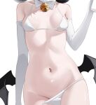  1girl arm_at_side bell black_wings bow bowtie bra breasts character_request close-up commentary copyright_request gloves hand_up head_out_of_frame hooming_illust low_wings mini_wings navel neck_bell panties panty_pull pointy_ears simple_background small_breasts solo standing stomach string_bra string_panties underwear unfinished untranslatable_commentary white_background white_bow white_bowtie white_bra white_gloves white_panties wings 