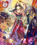  1girl 2boys :d bell black_hair black_kimono black_mask bokken brown_hair center-flap_bangs charm_(object) commentary_request covered_mouth curly_hair earrings fangs feet_out_of_frame gem green_gem green_pupils green_sash grey_hair hadanugi_dousa hair_bell hair_ornament hair_ribbon hakama hand_up headdress high_ponytail highres holding holding_bell holding_orb holding_ribbon ichiko_milk_tei japanese_clothes jewelry jingle_bell kagura_suzu kariginu kikkoumon kimono long_hair looking_at_viewer magatama magatama_earrings mask mask_on_head miko mirror mouth_veil multiple_boys oni_mask open_mouth orange_eyes orb original outstretched_arm paw_print pendant pink_sash ponytail purple_eyes purple_kimono red_hakama red_ribbon ribbon ribbon-trimmed_sleeves ribbon_trim robe rope rope_necklace sash sheath sheathed shimenawa shinto short_hair sideways_glance smile stairs standing sunburst sunburst_background sword tassel teeth upper_body upper_teeth_only veil waist_sash weapon white_kimono white_robe wide_sleeves wooden_sword xiangyun yellow_eyes 