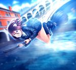  99_(hosinosensei) adriana_visconti blue_eyes boots bridge broom broom_riding brown_hair caracal_ears caracal_tail clenched_teeth flying highres military military_uniform motion_blur noble_witches short_hair solo sweatdrop teeth uniform world_witches_series 