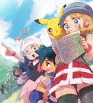  1boy 3girls ash_ketchum beedrill black_hair black_panties black_thighhighs blonde_hair blue_eyes blue_hair blue_sky breasts cloud cloudy_sky dark-skinned_female dark_skin dawn_(pokemon) day fearow grey_hat grey_sweater h_renah hat highres iris_(pokemon) kakuna map miniskirt multiple_girls open_mouth outdoors panties pantyshot pikachu pink_skirt pointing pokemon pokemon_(anime) pokemon_(creature) pokemon_journeys pokemon_the_series:_black_&amp;_white pokemon_the_series:_diamond_and_pearl red_skirt revision serena_(pokemon) skirt sky sleeveless sleeveless_sweater sleeveless_turtleneck small_breasts sweater thighhighs turtleneck underwear white_hat 