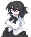  1girl 7kitte absurdres bags_under_eyes black_bow black_bowtie black_hair black_skirt bow bowtie breasts closed_mouth from_above highres large_breasts looking_at_viewer medium_hair pink_eyes shameimaru_aya shirt sidelocks skirt smile solo touhou white_shirt 