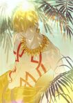  1boy absurdres armor blonde_hair commentary_request earrings fate/grand_order fate_(series) gilgamesh_(fate) half_ocean_16 highres jewelry korean_commentary looking_at_viewer navel necklace palm_leaf red_eyes short_hair smile toned toned_male topless_male upper_body 