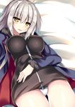  ahoge bare_legs bed black_dress blonde_hair blush breasts commentary_request dress eyebrows_visible_through_hair fate/grand_order fate_(series) fur_collar fur_trim impossible_clothes jeanne_d'arc_(alter)_(fate) jeanne_d'arc_(fate)_(all) large_breasts long_sleeves looking_at_viewer lying medium_hair on_back panties ryokushiki_(midori-ya) smile solo underwear white_panties wicked_dragon_witch_ver._shinjuku_1999 yellow_eyes 