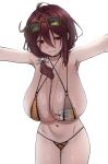  1girl absurdres ahoge armpits bikini black_choker breasts character_request choker cleavage commentary commission copyright_request cowboy_shot criss-cross_straps eyewear_on_head hair_between_eyes highres huge_breasts id_card isjmsb lanyard long_hair low_side_ponytail micro_bikini navel o-ring o-ring_bikini object_in_clothes object_in_swimsuit outstretched_arms parted_lips red_eyes red_hair ring_light_reflection sagging_breasts side_ponytail simple_background smile solo standing string_bikini sunglasses swimsuit white_background 