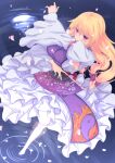  1girl arm_up barefoot blonde_hair blush bow breasts commentary_request dress dutch_angle falling_petals flame_print folding_fan frilled_dress frills full_body hair_between_eyes hair_bow hand_fan hari_tokei highres holding holding_fan large_breasts leg_up long_hair long_sleeves parted_lips petals pink_petals purple_eyes purple_tabard purple_theme red_bow solo standing standing_on_one_leg tabard touhou water white_dress white_petals wide_sleeves yakumo_yukari yin_yang yin_yang_print 