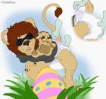 4_toes 5_fingers abdl anthro arm_tuft artist_name bar_emanata barefoot belly bent_over black_eyewear black_nose black_sunglasses blue_egg blue_spots brown_eyes brown_hair brown_mane brown_pawpads brown_tail brown_tail_tip brown_tail_tuft brown_tuft butt butt_grab claws clean_diaper clothed clothing colored crouching cutaway detailed_background diaper diaper_check diaper_fetish diaper_pull digital_drawing_(artwork) digital_media_(artwork) dipstick_tail disembodied_hand duo ear_tuft easter easter_egg emanata evander_rex eyewear feet felid feline_tail field finger_claws fingers fur fur_tuft gradient_background grass grass_field green_arms green_body green_eyes green_fur green_hands grey_claws grey_clothing grey_finger_claws grey_shirt grey_t-shirt grey_toe_claws grey_topwear hair hal_cotta hand_on_another's_butt hand_on_butt hand_on_knee hand_on_leg hand_on_own_knee hand_on_own_leg hand_on_own_thigh hand_on_thigh handpaw heterochromia hi_res hindpaw holidays humanoid_hands leg_tuft lion long_tail looking_at_another looking_at_partner male male/nonbinary mammal mane mane_hair markings messy_hair messy_mane mouse multicolored_body multicolored_ears multicolored_egg multicolored_fur multicolored_hands multicolored_stripes multicolored_tail murid murine nonbinary_(lore) outside pantherine pantsless pantsless_anthro pantsless_male pawpads paws pink_egg pink_inner_ear pink_stripes plant raised_tail reaching reaching_for_object reaching_out rodent sandy_fur shin_tuft shirt shocked shoulder_length_hair simple_background sky smellykuya solo_focus spots spotted_egg striped_egg stripes sunglasses surprised t-shirt tail tail_markings tail_tuft tan_arms tan_belly tan_body tan_chest tan_ears tan_face tan_feet tan_fur tan_hands tan_legs tan_paws tan_snout tan_tail tan_torso tan_tuft teeth text thigh_tuft toe_claws toes tongue topwear tuft waistband_pull wearing_diaper whisker_spots white_background white_diaper white_emanata yellow_egg yellow_emanata yellow_stripes
