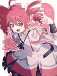  1girl :d ahoge blush blush_stickers border buttons cowboy_shot dated drill_hair frilled_skirt frills grey_jacket grey_skirt hair_between_eyes hair_ribbon hand_up highres jacket kasane_teto kasane_teto_(sv) long_sleeves looking_at_viewer notice_lines open_mouth outline outside_border red_background red_eyes red_hair ribbon serizawa_serizane short_hair sidelocks simple_background single_blush_sticker skirt smile solo synthesizer_v twin_drills twirling_hair utau watermark white_border white_outline white_ribbon 