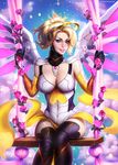  adapted_costume alternate_wing_color artist_name ayya_saparniyazova black_legwear blonde_hair blue_eyes blue_sky blush breasts cloud cloudy_sky cowboy_shot eyebrows eyelashes eyeliner eyeshadow flower glint heart high_ponytail knees_together large_breasts light_particles looking_at_viewer makeup mechanical_halo mercy_(overwatch) nose overwatch parted_lips pelvic_curtain pink_flower pink_lips pink_rose pink_wings revision rose signature sitting skin_tight sky smile solo spread_wings swing thighhighs watermark web_address wings 
