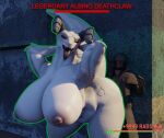  anthro big_(disambiguation) breasts clothing deathclaw difference duo eyelashes fallout female hi_res high horn huge human interspecies invalid_tag larger legwear lift_(disambiguation) long male male/female mammal microsoft mouth navel nipples non-mammal on outside piercing pink red scales scalie sclera size smaller standing stockings text thick thigh 