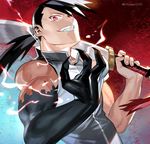  black_hair commentary fullmetal_alchemist greed holy_pumpkin ling_yao long_hair male_focus ponytail red_eyes sleeveless smile solo sword twitter_username weapon 