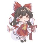  1girl ascot blush bow brown_eyes brown_hair carin_(c_arin1012) chibi chibi_only commentary_request detached_sleeves frilled_bow frilled_hair_tubes frills full_body hair_bow hair_tubes hakurei_reimu long_hair looking_at_viewer ofuda orb red_bow red_skirt ribbon-trimmed_skirt ribbon-trimmed_sleeves ribbon_trim simple_background skirt skirt_set socks solo torii touhou white_background white_socks yellow_ascot yin_yang yin_yang_orb 