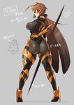  antenna_hair armor ass bodysuit breasts brown_hair commentary hair_tubes hand_on_hip high_heels lance large_breasts long_hair looking_back low_twintails mikoyan original personification polearm simple_background sunglasses translation_request twintails wasp weapon 