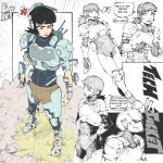  1girl ? anger_vein armor black_bodysuit black_hair bodysuit breastplate commentary english_commentary english_text frown green_eyes helmet highres invincible_(series) mtd_art open_mouth scared short_twintails shoulder_armor spoken_anger_vein spoken_question_mark standing tech_jacket twintails 