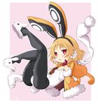  animal_ears animal_hood black_hairband black_legwear blonde_hair bow bowtie bunny_earmuffs bunny_ears bunny_hood bunny_tail disgaea eyebrows_visible_through_hair full_body fur-trimmed_jacket fur-trimmed_sleeves fur_trim hairband hood hood_down iwasi-r jacket leotard looking_at_viewer makai_senki_disgaea_5 pantyhose pink_background pom_pom_(clothes) red_bow red_eyes red_neckwear scarf short_eyebrows short_hair slippers solo tail thick_eyebrows usalia_(disgaea) white_leotard white_scarf yellow_jacket 