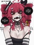  ... 1girl ace_glitch ahoge arm_tattoo arrow_(symbol) bare_shoulders black_camisole black_choker blush breasts camisole center-flap_bangs choker cleavage commentary double-parted_bangs drill_hair english_commentary english_text goth_fashion hair_ornament hairclip heart heart_choker highres kasane_teto looking_at_viewer medium_breasts open_mouth pearto piercing red_eyes red_hair sharp_teeth simple_background skull_hair_ornament solo speech_bubble sweat talking tattoo teeth tongue_piercing twin_drills unkempt upper_body utau white_background 