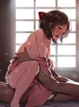  1girl areolae bed bed_sheet blush bow breasts brown_hair clothed_female_nude_male commentary cowgirl_position dark_skin dark_skinned_male drill_hair feet girl_on_top hair_bow half-closed_eyes harukaze_(kantai_collection) hetero highres indoors japanese_clothes kantai_collection kimono medium_breasts nipples nude on_bed open_mouth orihi_chihiro pussy_juice red_bow red_eyes saliva sex solo_focus straddling sweat tongue tongue_out torogao torso_grab twin_drills wide_sleeves window 
