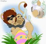 4_toes 5_fingers abdl anthro arm_tuft artist_name bar_emanata barefoot belly bent_over black_eyewear black_nose black_sunglasses blue_egg blue_spots bodily_fluids brown_eyes brown_hair brown_mane brown_pawpads brown_tail brown_tail_tip brown_tail_tuft brown_tuft butt butt_grab claws clothed clothing colored crouching cutaway detailed_background diaper diaper_check diaper_fetish diaper_pull digital_drawing_(artwork) digital_media_(artwork) dipstick_tail disembodied_hand duo ear_tuft easter easter_egg emanata evander_rex eyewear feces feet felid feline_tail field finger_claws fingers full_diaper fur fur_tuft genital_fluids gradient_background grass grass_field green_arms green_body green_eyes green_fur green_hands grey_claws grey_clothing grey_finger_claws grey_shirt grey_t-shirt grey_toe_claws grey_topwear hair hal_cotta hand_on_another's_butt hand_on_butt hand_on_knee hand_on_leg hand_on_own_knee hand_on_own_leg hand_on_own_thigh hand_on_thigh handpaw heterochromia hi_res hindpaw holidays humanoid_hands leg_tuft lion long_tail looking_at_another looking_at_partner male male/nonbinary mammal mane mane_hair markings messy_hair messy_mane mouse multicolored_body multicolored_ears multicolored_egg multicolored_fur multicolored_hands multicolored_stripes multicolored_tail murid murine nonbinary_(lore) outside pantherine pantsless pantsless_anthro pantsless_male pawpads paws pink_egg pink_inner_ear pink_stripes plant raised_tail reaching reaching_for_object reaching_out rodent sandy_fur shin_tuft shirt shocked shoulder_length_hair simple_background sky smelly smellykuya soiled_diaper solo_focus spots spotted_egg stink_fumes stinky_diaper striped_egg stripes sunglasses surprised t-shirt tail tail_markings tail_tuft tan_arms tan_belly tan_body tan_chest tan_ears tan_face tan_feet tan_fur tan_hands tan_legs tan_paws tan_snout tan_tail tan_torso tan_tuft teeth text thigh_tuft toe_claws toes tongue topwear tuft unclean_diaper urine used_diaper waistband_pull wearing_diaper wet_diaper whisker_spots white_background white_diaper white_emanata yellow_egg yellow_emanata yellow_stripes