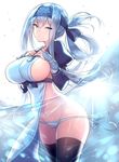  :o ainu_clothes black_legwear blue_eyes blue_hair breasts cowboy_shot hands_on_own_chest headband kamoi_(kantai_collection) kantai_collection large_breasts long_hair looking_at_viewer navel panties side-tie_panties sideboob solo standing thighhighs touwa_nikuman underwear white_panties 