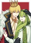  1boy 1other androgynous blonde_hair commentary_request crown earrings enkidu_(fate) fate/strange_fake fate_(series) fur-trimmed_jacket fur_trim gilgamesh_(fate) gloves green_eyes green_hair highres hood hood_up jacket jewelry lkl_0010 long_hair necklace open_mouth red_background red_eyes short_hair smile upper_body 