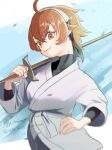  1girl ahoge bow food hand_on_own_chest headband highres holding holding_food holding_weapon japanese_clothes kimono looking_at_viewer mar1mo3_zatdraw mushoku_tensei rash_guard red_bow red_eyes short_hair smile sword weapon white_kimono wooden_sword 