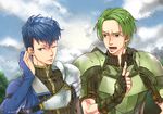  adusa armor artist_name blue_eyes blue_hair cloud day fingerless_gloves fire_emblem fire_emblem_echoes:_mou_hitori_no_eiyuuou force_(fire_emblem) gloves green_eyes green_hair male_focus multiple_boys one_eye_closed open_mouth paison teeth upper_body 