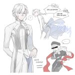  ... 2boys 3girls ? arm_behind_back bar_censor beret black_hat black_pantyhose black_shirt black_thighhighs braid braided_ponytail caren_hortensia censored censored_identity chaldea_logo chaldea_staff_uniform closed_mouth coat coat_lift colored_eyelashes commentary_request equal_sign fate/grand_order fate/hollow_ataraxia fate_(series) fujimaru_ritsuka_(female) fujimaru_ritsuka_(male) gjtthflmaster grey_eyes grey_trim hair_between_eyes hair_over_shoulder hat high_collar korean_commentary korean_text lifting_own_clothes long_hair long_sleeves looking_at_viewer looking_down marisbury_animusphere multiple_boys multiple_girls olga_marie_animusphere pants pantyhose parted_bangs parted_lips red_shawl shawl shirt shroud_of_magdalene simple_background single_braid speech_bubble spoken_ellipsis spoken_question_mark thighhighs thighhighs_over_pantyhose translation_request white_background white_coat white_hair white_pants wind wind_lift 
