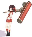  bangs black_footwear boots closed_mouth dynamo_roller_(splatoon) elbow_pads full_body girls_und_panzer hand_on_hip headband holding holding_weapon knee_pads kondou_taeko light_smile looking_at_viewer looking_back red_headband red_legwear red_shirt red_shorts shadow shirt short_hair short_shorts shorts simple_background sleeveless sleeveless_shirt socks solo splatoon_(series) sportswear standing suke_(momijigari) volleyball_uniform weapon white_background 