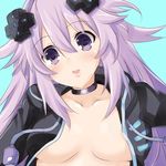  adult_neptune blue_background blush breasts choker cleavage collarbone d-pad d-pad_hair_ornament hair_ornament hood hoodie iwasi-r large_breasts long_hair long_sleeves looking_at_viewer neptune_(series) no_bra open_clothes open_mouth purple_eyes purple_hair shin_jigen_game_neptune_vii simple_background solo upper_body very_long_hair 
