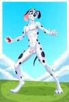 101_dalmatian_street 101_dalmatians aged_up anthro balls blue_eyes blue_sky blush canid canine canis dal101strefan dalmatian dawkins_(101_dalmatians) disney domestic_dog embarrassed embarrassed_male floppy_ears freckled_face freckles genitals grass half-erect hi_res male mammal multicolored_body navel nervous nintendo nipples nude outdoor_nudity penis pixelated pixelated_background plant pokeball pokemon shy sky solo